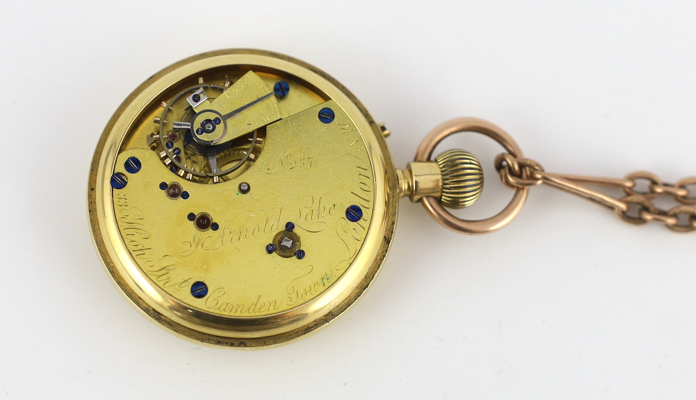 A late Victorian 18ct gold open faced keyless lever pocket watch, by J. Arnold Lake of Camden Town, together with a 9ct gold albert